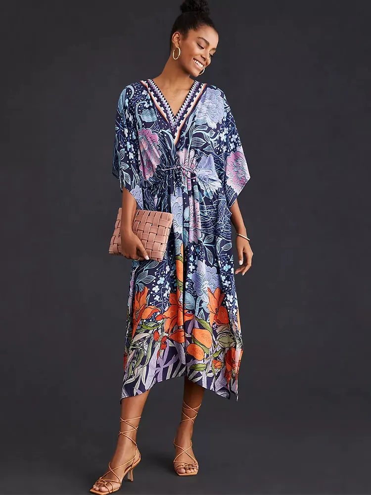 

Женское платье-макси с V-образным вырезом и рукавом «летучая мышь»