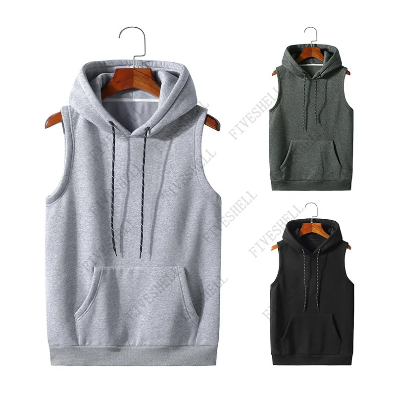 2023 Japanese Streetwear Casual Hoodie Men Fleece Sleeveless Sweatshirt Men Solid Color Basic Hoodies Pullover with Pocket