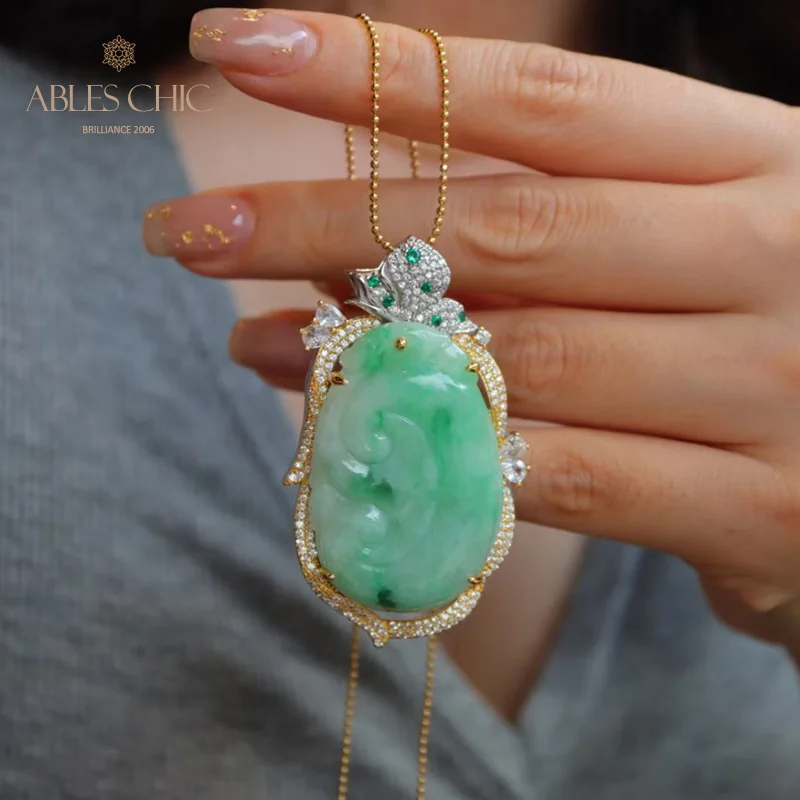 

Sterling Silver Natural Burma Jade Fortune Pendant Gold Two Tone Symbol of Luck Necklace L1S2N31035