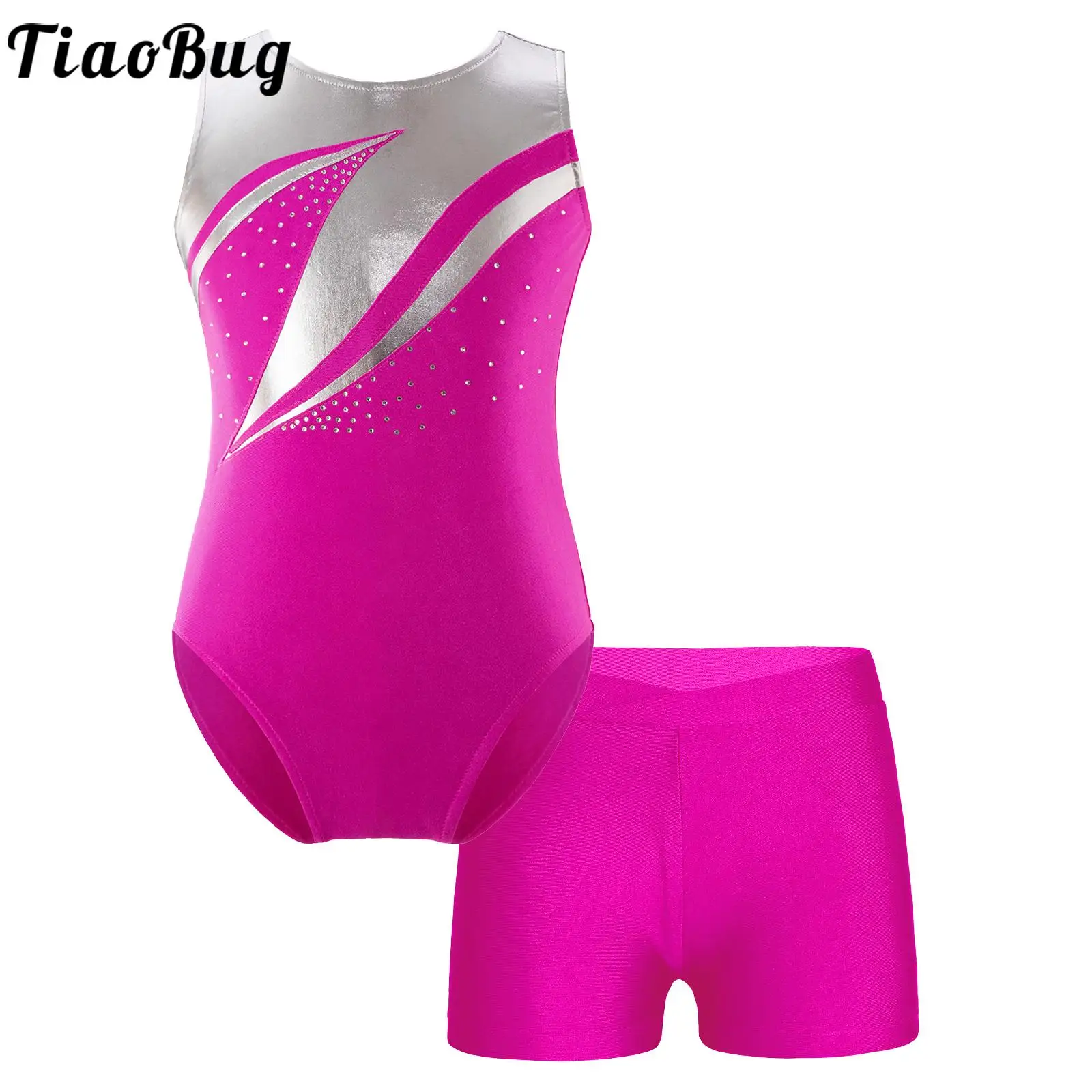 

Kids Girls Sleeveless Round Neckline Patchwork Shiny Rhinestones Adorned Leotard V-front Waistband Shorts Skating Dance Costumes