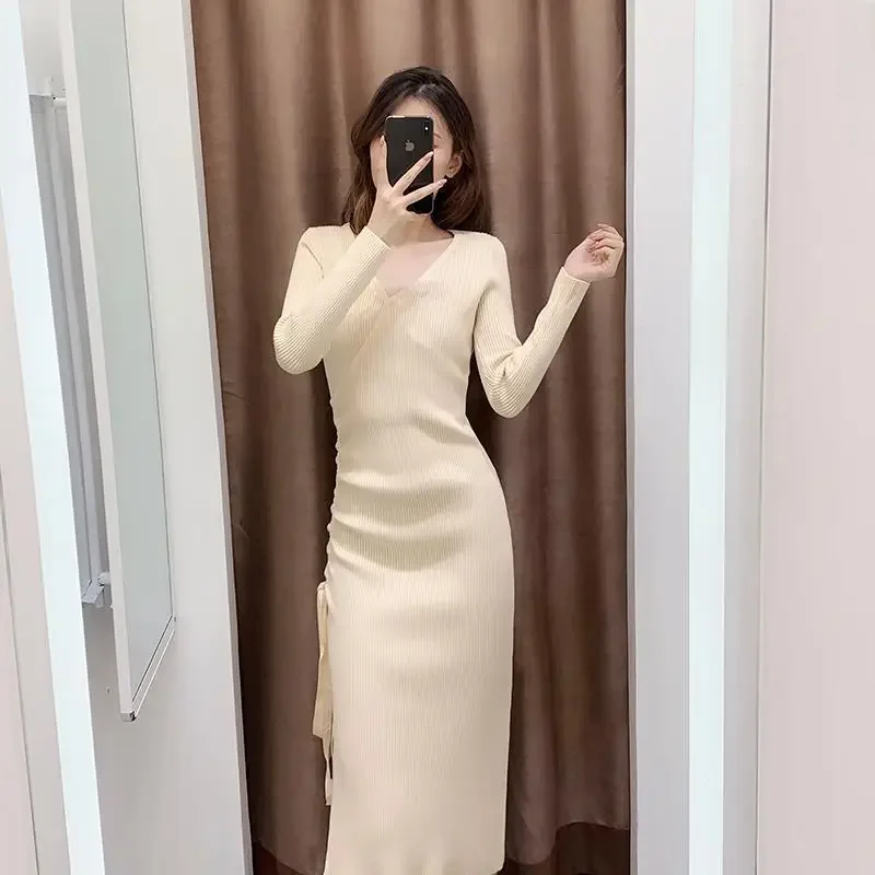 Осенне-зимнее Облегающее вязаное платье свитер с Боковым Разрезом и высокой