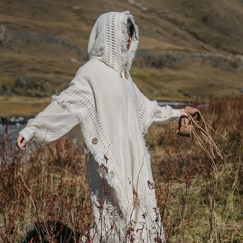 Богемная шаль с кисточками плащ винтажный пуловер Вязаная Шаль капюшоном свитер