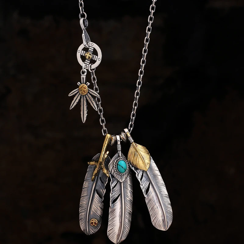 

QN Silver Color New Vintage Style Natural Turquoise Eagle Claw Feather Necklace for Women Men Tai Angle Chain Set Chain Jewelry