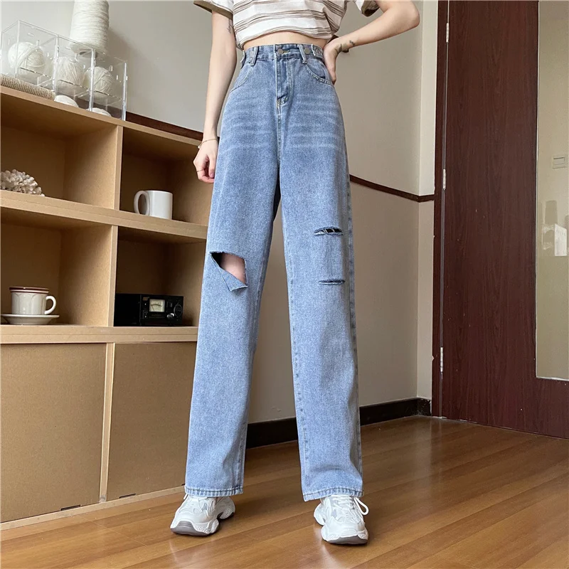 

4 Sizes S-xl Casual Loose Denim Vintage Holes Button Fly Causal All Match High Waist Fashion Summer Women Blue Pants