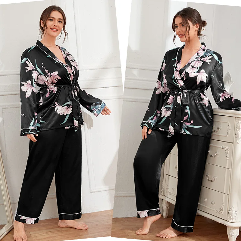 Large Size XL-5XL Sexy Sleepwear Flower Print Women Nightwear V-Neck Robe Pant Set Spring Summer Loose Lounge Wear Woman Clothes