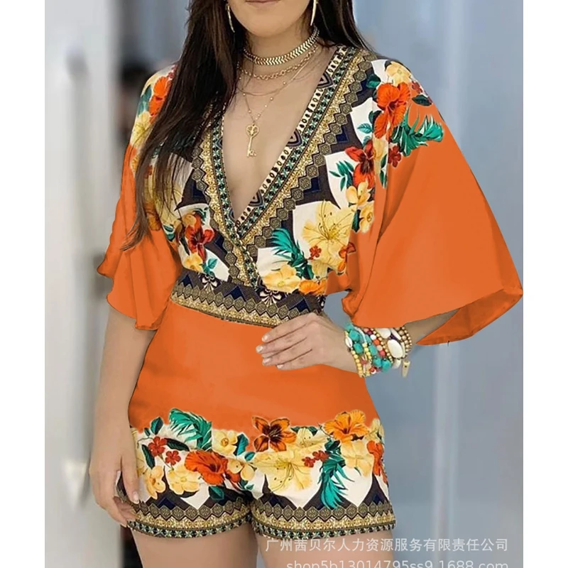 Summer Fashion Slim Print High Waist Playsuits Women's Playsuits Women's Casual Short Sleeve V-neck Straight Playsuits