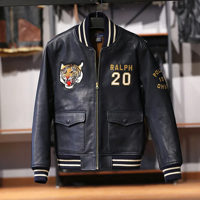

2022 top quality stand collar real leather jacket baseball tiger embroidery vegetable tanned sheep leather coat