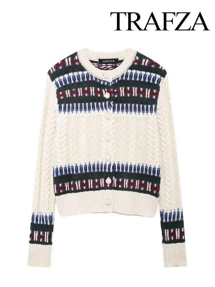 TRAFZA Осенняя женская элегантная жаккардовая лоскутная вязаная куртка с длинными