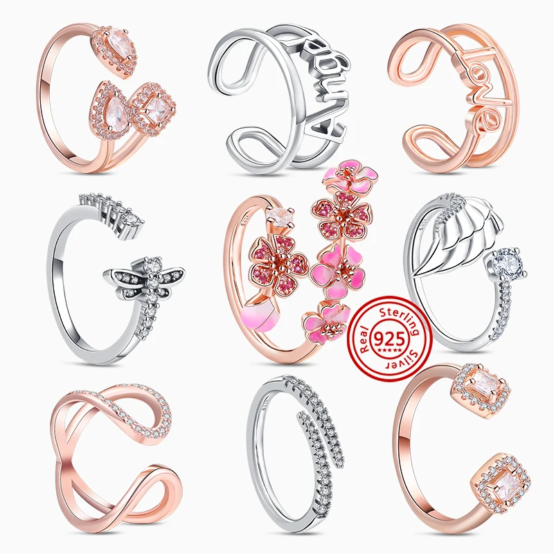 

New Spring Ladies Rose Gold Ring Pink Cherry Blossom Star Moon Dragonfly Letter Ins Simple S925 Sterling Silver Adjustable Rings