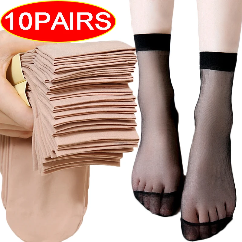 

10pairs New Summer Women Short Ankle Sock Balck Ultrathin Crystal Silk Socks Transparent Thin Lady Nylon Elastic Silk Sox Meias