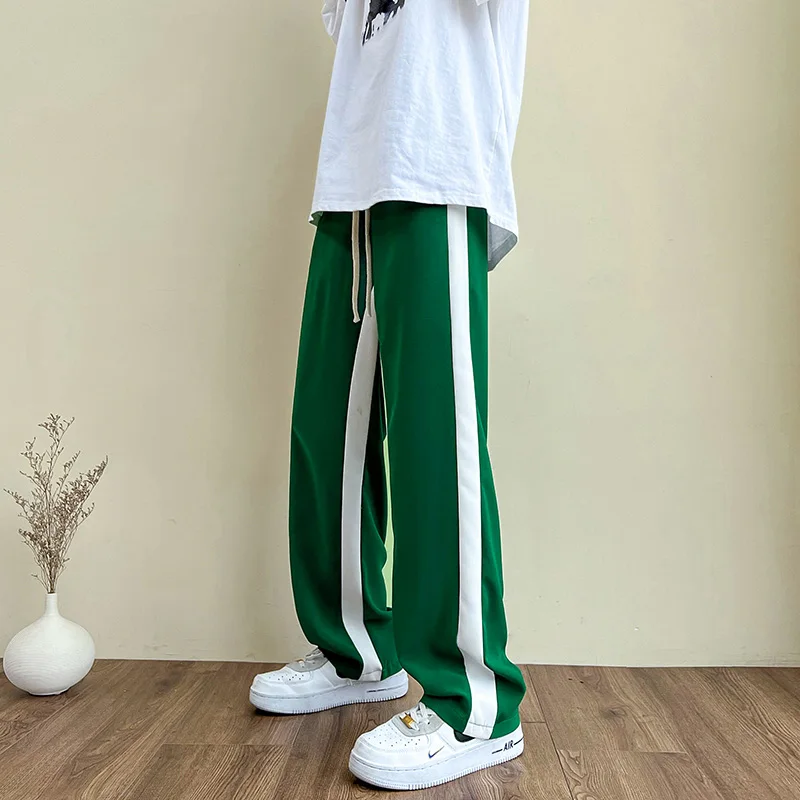 

Black/White/Green Plus Size 5XL-S Summer Ice Silk Loose Casual Wide Leg Pants Men Clothing 2022 Fashion Side Stripe Trousers Hot
