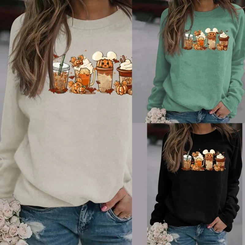 

Women Winter Antumn Shirt Long Sleeves Solid Color Pumpkin Coffee Cute Printed Blouses Sweet Top for Students Girl 10CD