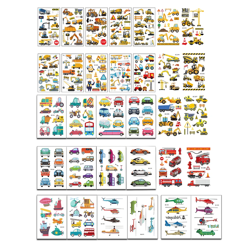 Временная тату-наклейка мультяшный автомобиль экскаватор самолет пожарная