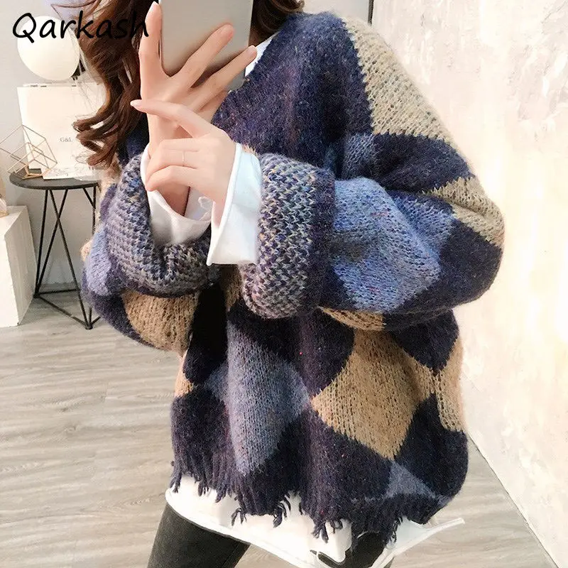 

Tassel Pullovers Plaid Women Casual Knitted Sweaters Warm Autumn Winter Fashion Korean Vintage Females Clothes Design New Loose