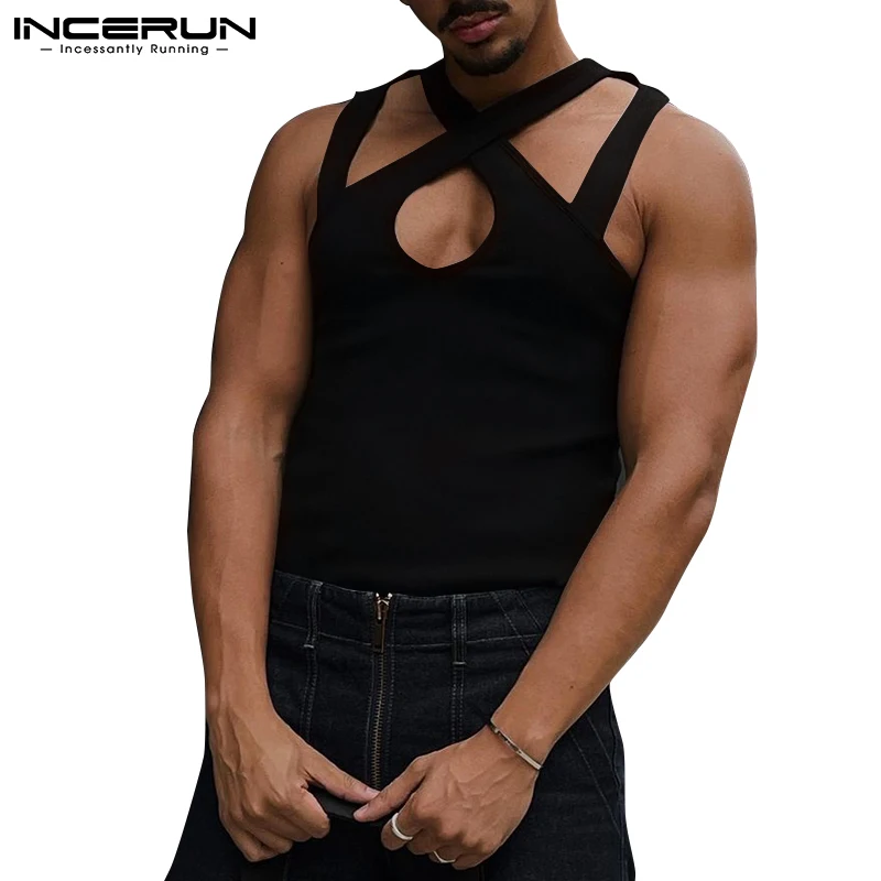 

INCERUN Solid Color Men Tank Tops Hollow Out Sleeveless Personality Streetwear Sexy Irregular Vests Men 2022 Casual Tops S-5XL