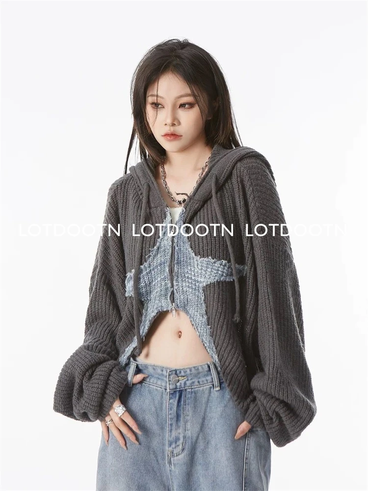 

LOTDOOTN Y2K Women Korean Vintage Hooded Loose-knit Sweater Aesthetics Long Sleeve Star Sweaters Zipper Grunge Pullovers Clothes