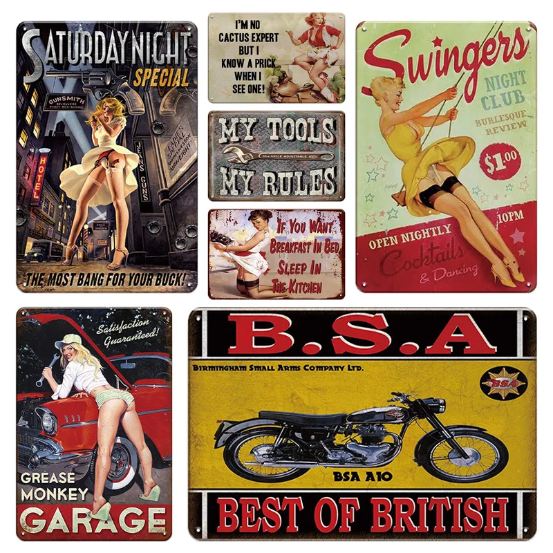 Garage Motorcycle Brand Tin Sign Retro Vintage Plaque Pin up Sexy Girl Metal Poster Workshop Pub Bar Garage Man Cave Wall Decor