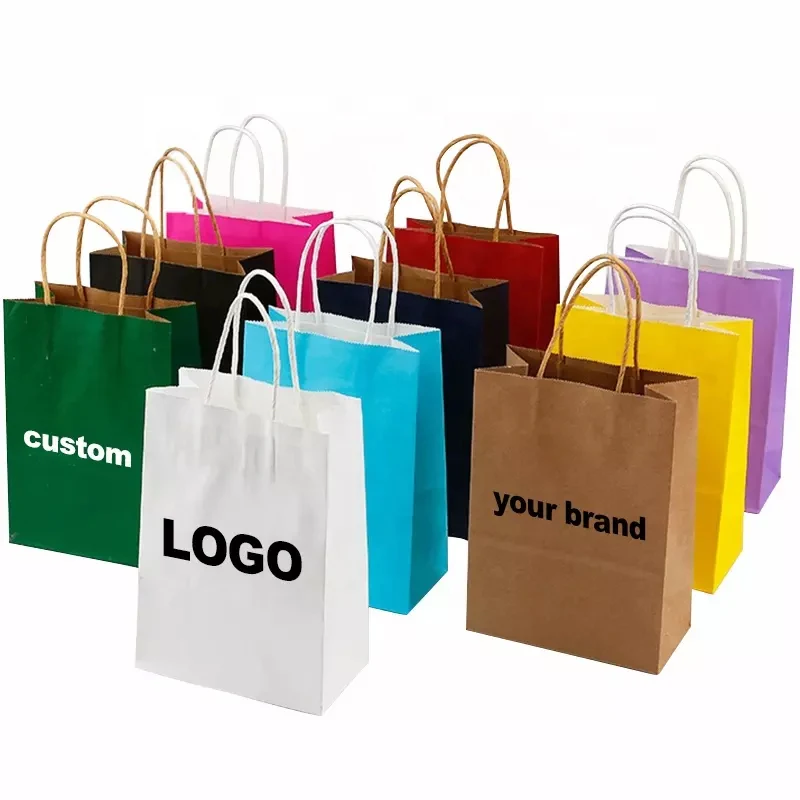 100Pcs Custom your own logo Recyclable Printed Kraft Paper bag shopping gift bags with twist handles