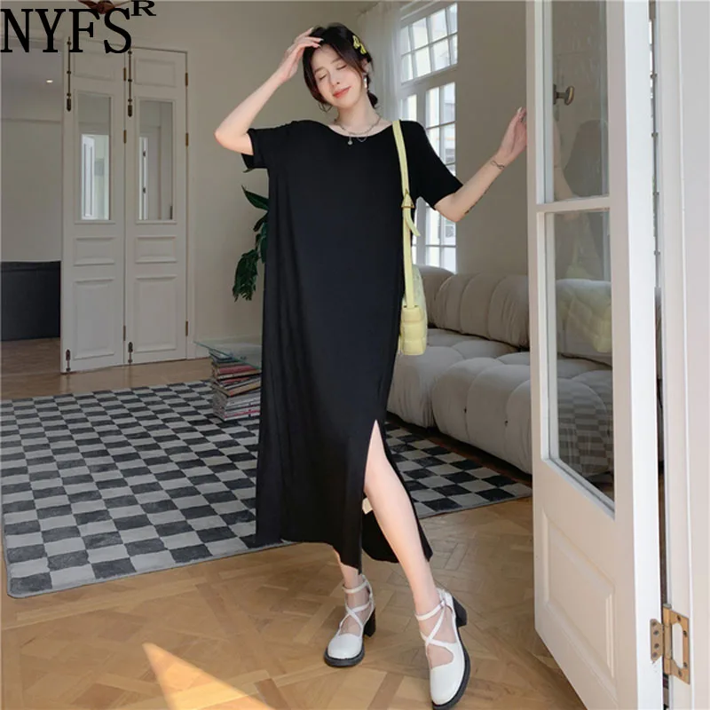 

NYFS 2022 Summer New Korea Woman Dress Vestidos Robe Elbise Loose Plus Size COTTON Backless Slit Short Sleeve Long Dress
