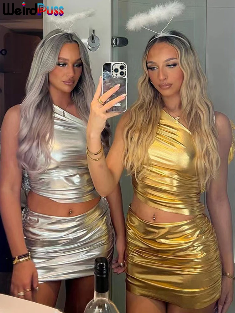 

Weird Puss Elegant Y2K Women 2 Piece Set Summer One Shoulder Ruched Tank Tops+Mini Skirts Matching Streetwear Vacation Outfits