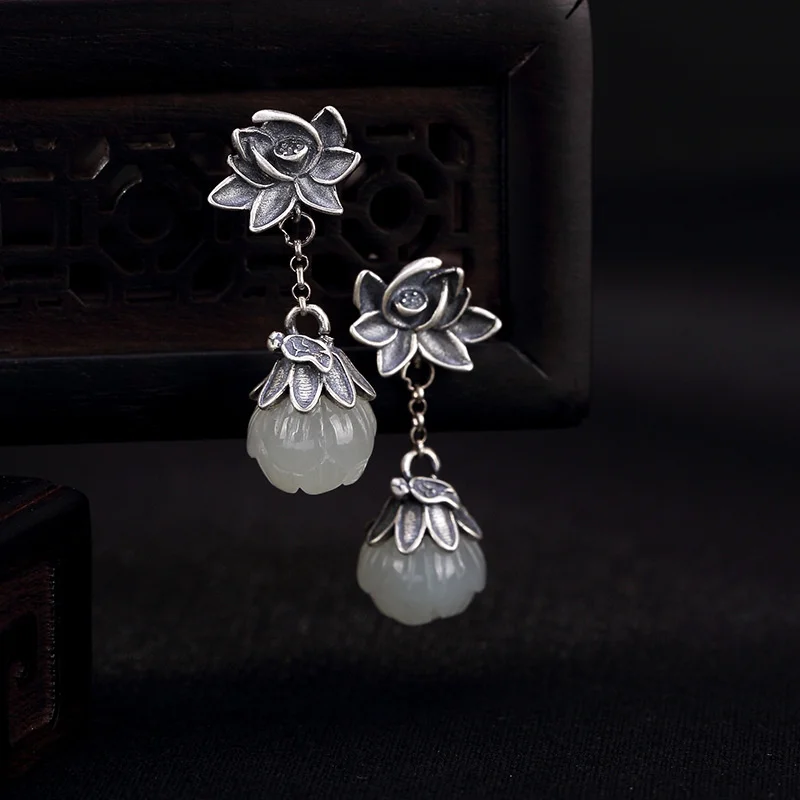 

Yilu silver S925 Sterling Silver Natural Hetian jade lotus Earrings personalized Chinese style women's earrings