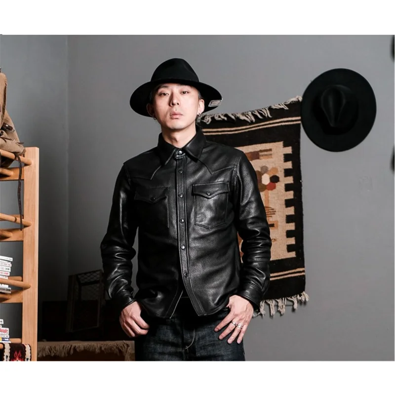 

Simons Men's Vintge Goatskin Western Shirt Cargo Leather Jacket Amekaji Motorcycle