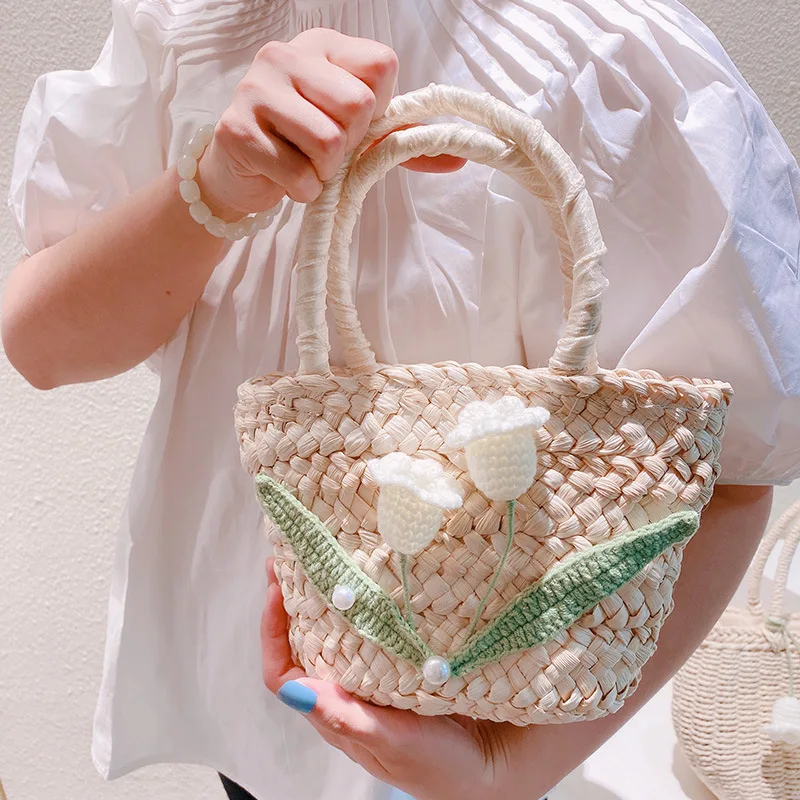 Купи Handmade Straw Tote Flower Crochet Handbag Women Pearls Basket Bags Summer Beach Bucket Bag Ladies Fashion Holiday Handle Bag за 681 рублей в магазине AliExpress