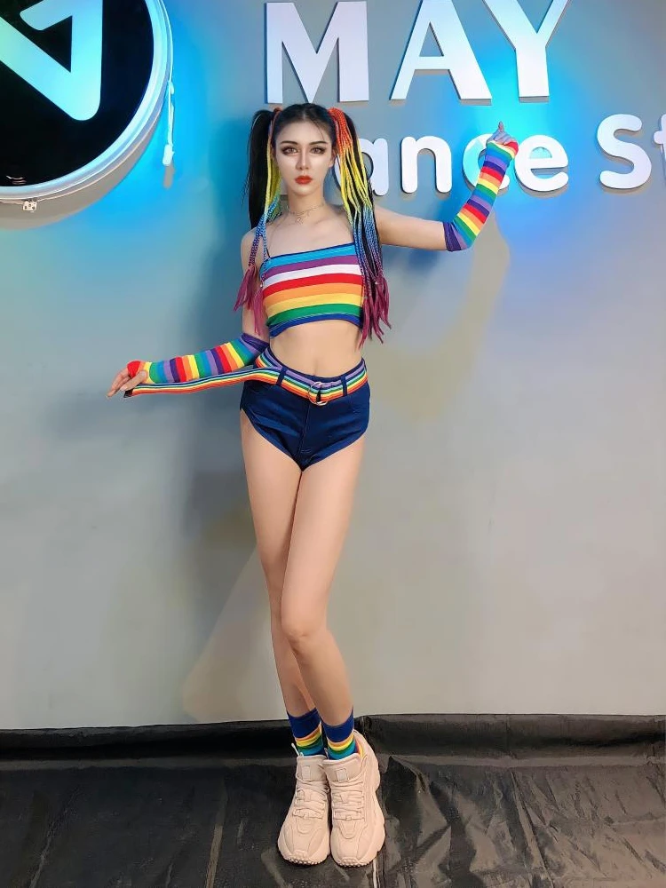 

Fashion Jazz Dance Costume Rainbow Stripes Tops + Shorts Women DJ DS For Singers Performing Wear Pole Dance Gogo Dancer Outfits