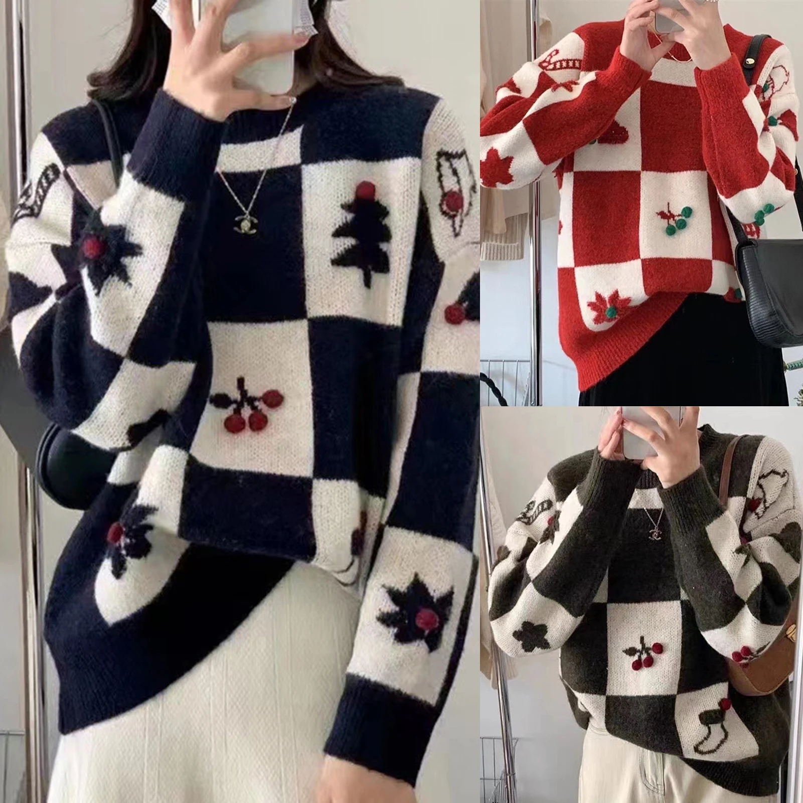 

Women Christmas Style Pullovers Y2k Streetwear Checkerboard Pattern Knitted Sweater Long Sleeve Casual Temperament Pullovers