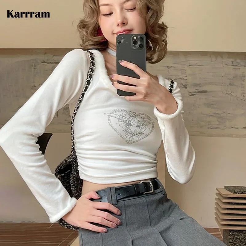 

Karrram Fairycore Patchwork Tops Kawaii Angel Print T Shirt Japanese Harajuku Cute Crop Tops Y2k Aesthetics Clothes E-girl 2000s