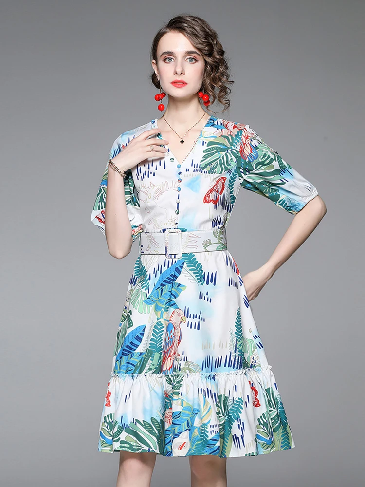 

Summer Runway Women V-Neck Mini Dress Short Sleeves Sashes Boho Vintage Dress Fashion Lady OL Floral Print Ruffles Robe N5112