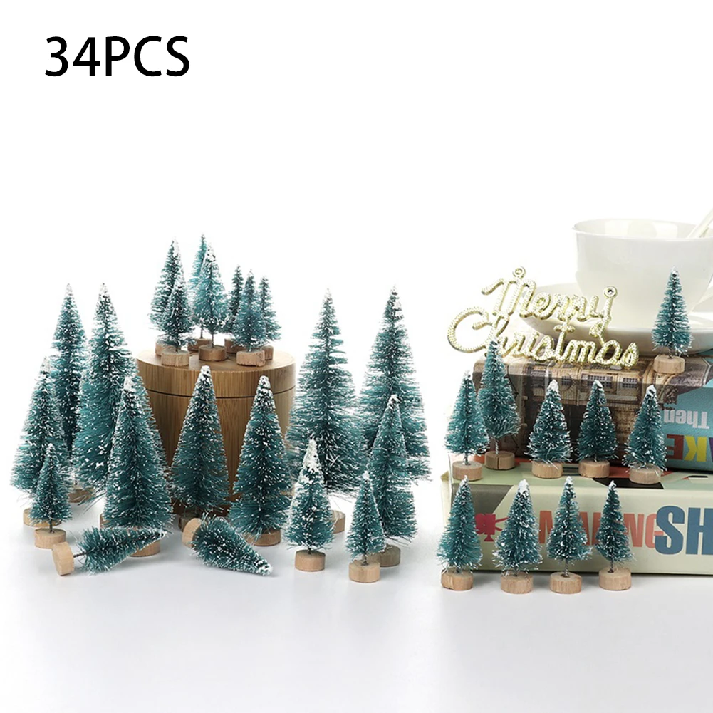 

34Pcs Mini Artificial Christmas Tree Decor Frosted Sisal With Wood Base Craft Pine Tree Home Office Desktop Xmas Decorations
