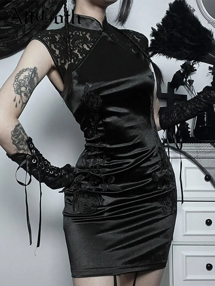 

Женское винтажное платье Чонсам AltGoth, готическое кружевное лоскутное платье с цветочной вышивкой и коротким рукавом, облегающее платье с вы...