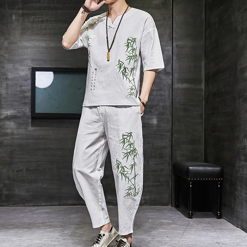 Embroidery Bamboo Buckle Men Pajamas Sets 2PCS Cotton T-Shirts Sleepwear Summer Chinese Style Casual Home Wear Large Size