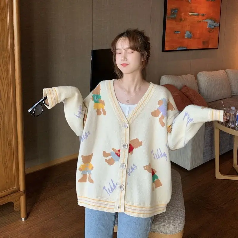 

Kawaii Bear Pattern Women's Cardigan Korean Fashion Sweater College Style Long Sleeve Knit Blouse Casual Coat For Woman