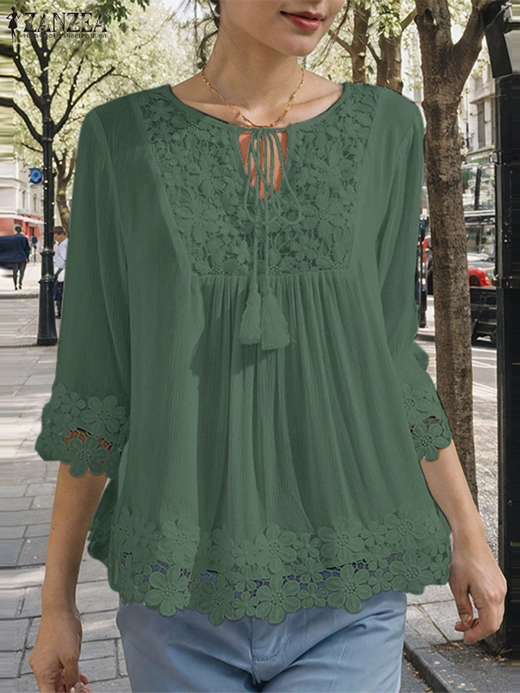 ZANZEA Блузки с кружевной отделкой и рукавами 3/4 однотонные женские блузки