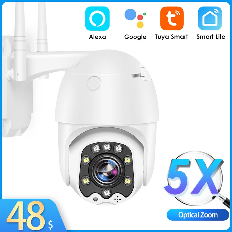

IP-Камера уличная Tuya с Wi-Fi и автослежением, камера видеонаблюдения с 5-кратным оптическим зумом, с сигнализацией, с поддержкой Alexa и Google Home Secuirty