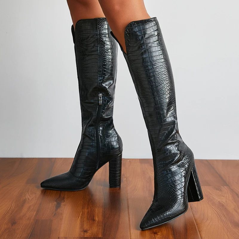 

Embossed Stone Pattern Catwalk Pointed Toe Chunky Heel V Shape Barrel Boots Fall New Side Zipper Pointed Toe Fashion Knee Boots