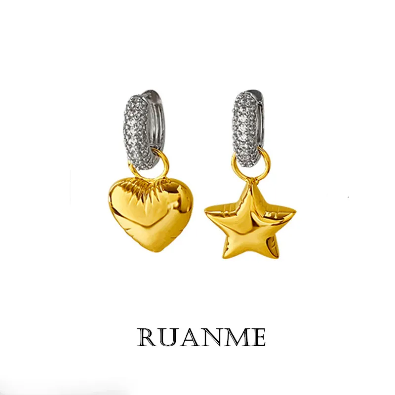 

European and American Fashion Geometric Pentagram Heart-Shaped Pendant Earrings Metal Zircon Crystal Stud earrings