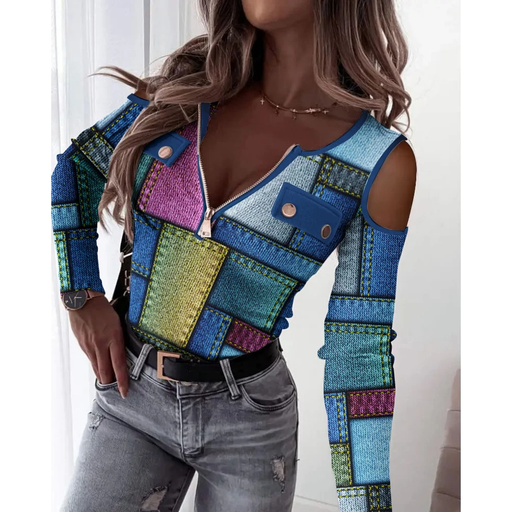 

Женский джинсовый топ на молнии с открытыми плечами и длинным рукавом