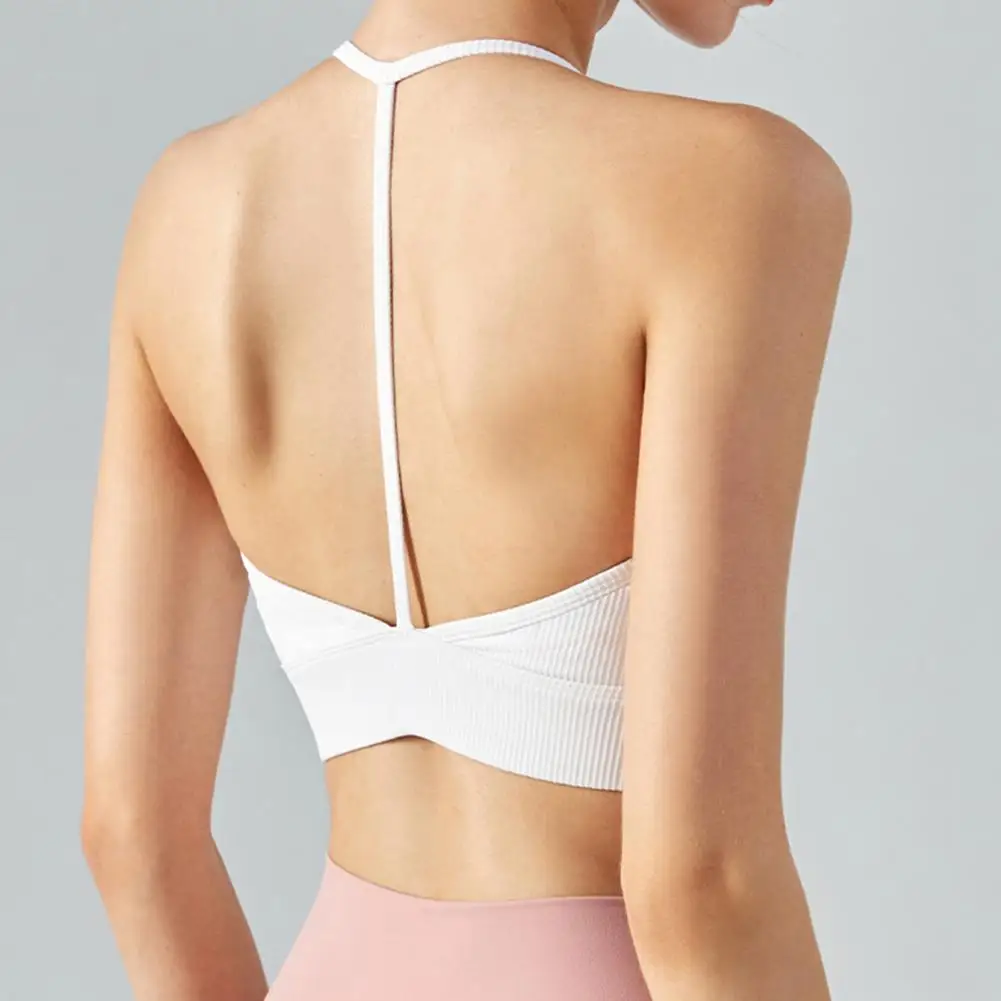 

Модные Спортивные бюстгальтеры с глубоким вырезом и лямкой на шее, Женский однотонный бюстгальтер для бега