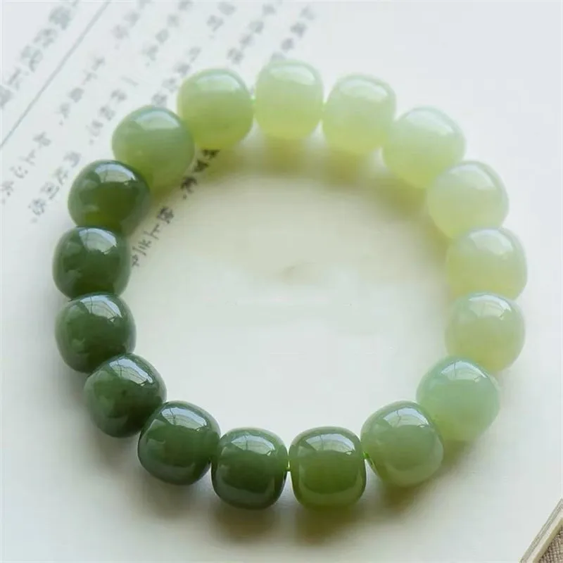 

Xinjiang Hetian Jade Green White Lake Water Green Gradient Old Pearl Bracelet Jade Bracelet for Men and Women