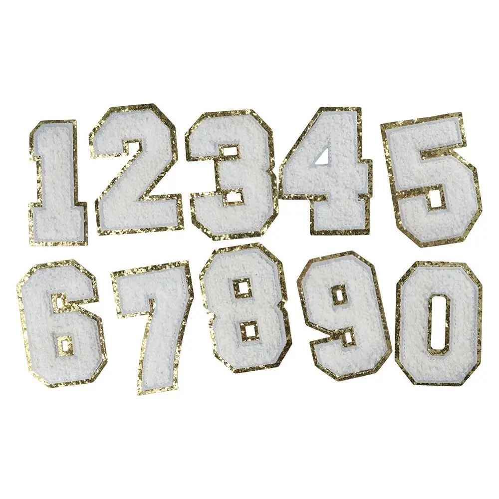 

White Iron on Numbers Chenille Number Patches 8cm Towel Embroidery Glitter Numbers Chenille Patches Bag Decoration