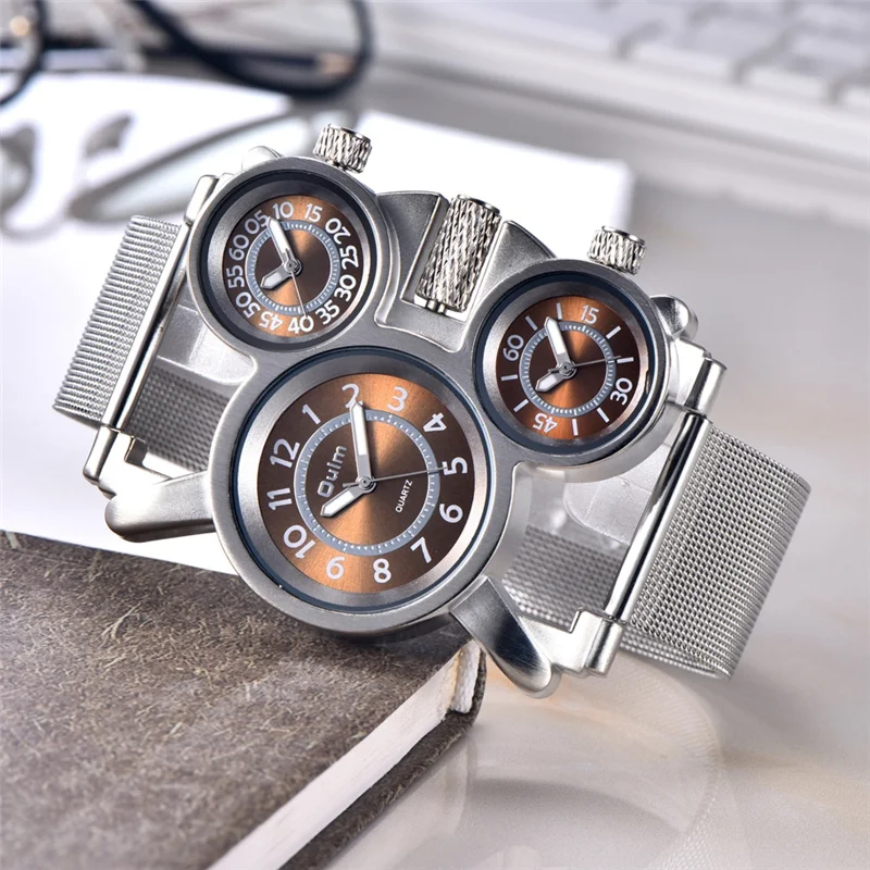 

OULM Unique Fashion Casual Design Watch for Men Three Dials Quartz Wristwatch Multiple Time Zones Clock Watches
