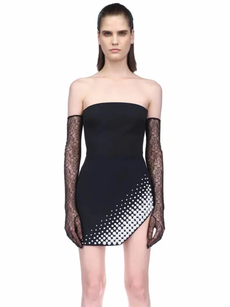

Новинка 2023, женское летнее сексуальное платье без бретелек, с открытой спиной, Черное мини-платье с жемчужинами, облегающее платье, элегантное платье для выступления на сцене