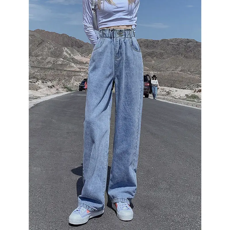 Spring New Button Elastic Waist Straight Trousers Loose Plus Size Solid Color Wide Leg Jeans Fashion Trend Women Clothing