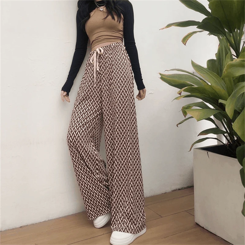 2022ice silk checkerboard mopping wide-leg pants spring and summer drape loose and curved casual cool ladies straight long pants