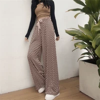 2022ice silk checkerboard mopping wide leg pants spring and summer drape loose and curved casual cool ladies straight long pants