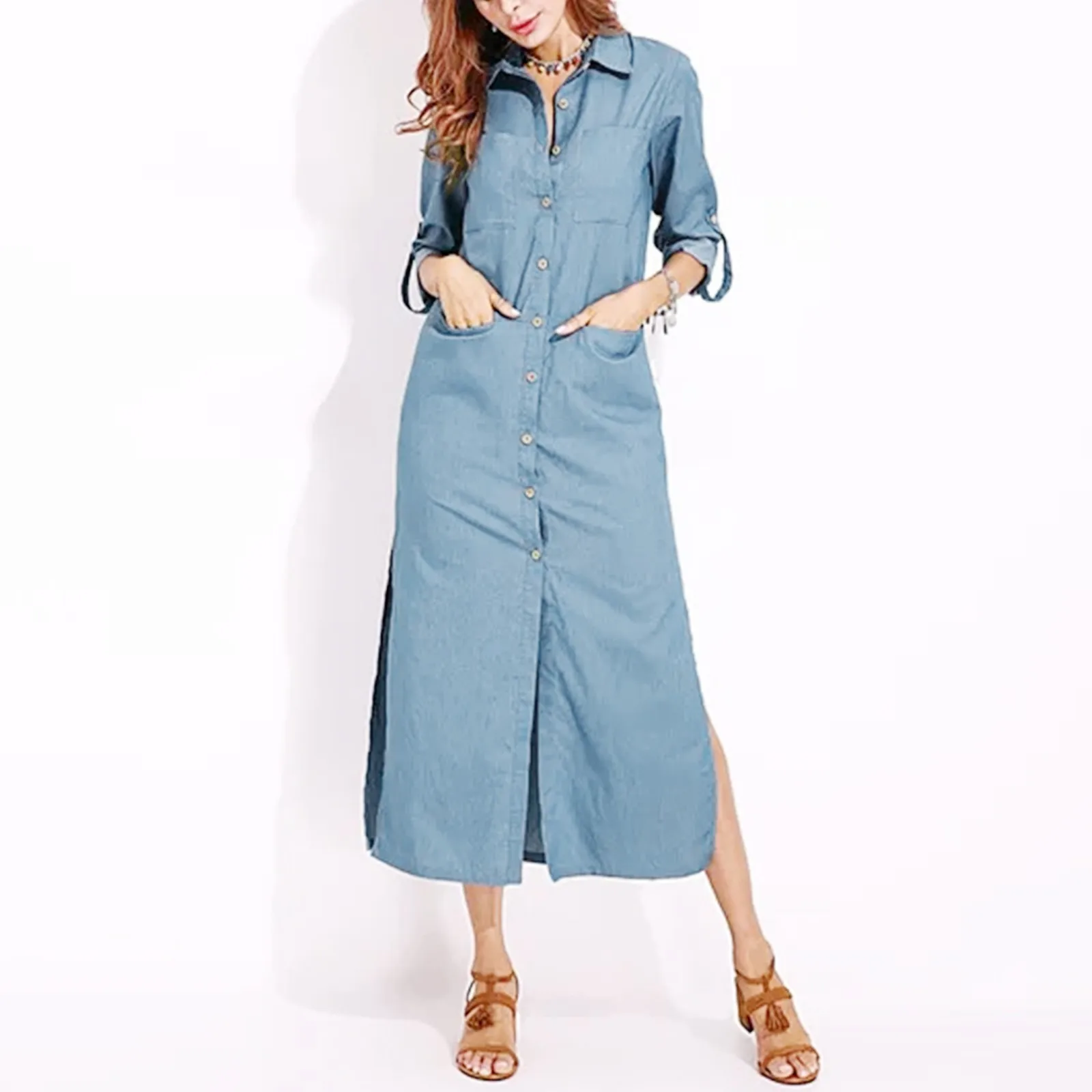 

Women's Denim Dress Fashion Slim Fit Elegant Pocket Button Up Long Dress Spring Autumn Winter Casual Denim Long Dress Streetwear