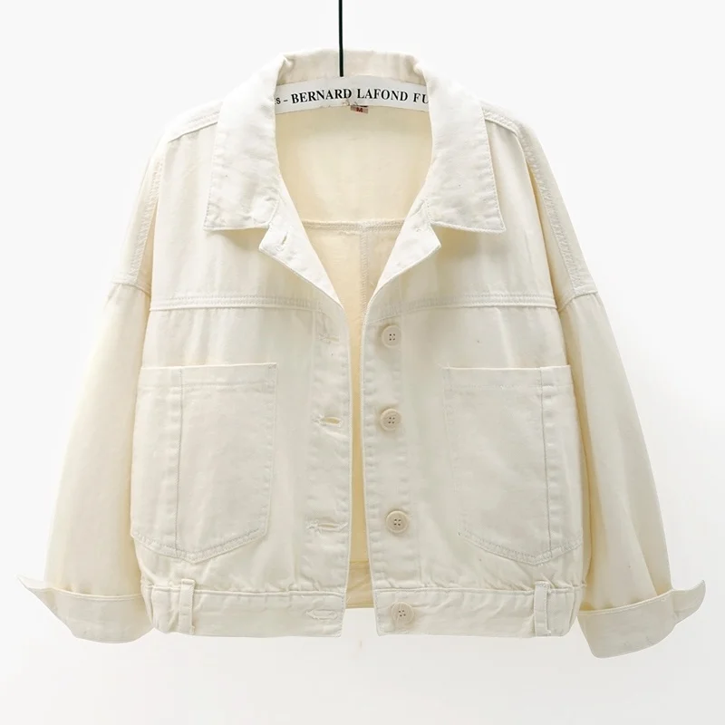 

Beige Denim Jacket Women Autumn New Korean Loose Casual Short Cowboy Outerwear Long Sleeve Big Pocket Jeans Jacket Coat Female